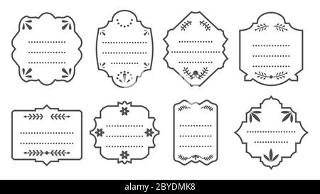 Retro schwarz Linie Rand Vintage Etiketten Set. Leere Briefmarkenpaket Aufkleber Rahmen Textfeld Vorlage. Verschiedene Formen Retro-Rand Banner, Menü Tag Verkauf Preis Abzeichen. Isoliert auf weißen Vektor-Illustration Stock Vektor