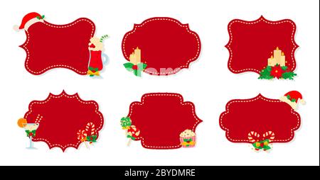 Weihnachten Label und Tag flach Set. Cartoon Urlaub Kollektion rot weihnachten Patch Etiketten. Weihnachten Anhänger dekorierten Objekten, Stechpalme Mistel, Süßigkeiten Cookies. Kollektion für das neue Jahr. Vektorgrafik Stock Vektor
