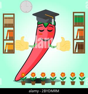 Nette mexikanische Chili Graduierung Cartoon Gesicht Charakter mit zwei Bücherregal und Blumen Bilddesign Stock Vektor