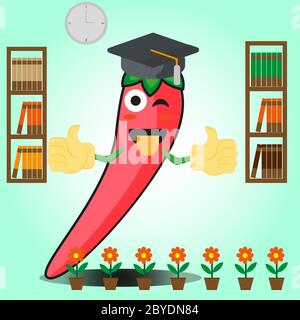 Nette mexikanische Chili Graduierung Cartoon Gesicht Charakter mit zwei Bücherregal und Blumen Bilddesign Stock Vektor