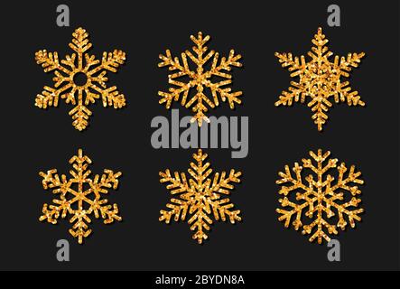 Set aus Schneeflocke mit goldenem Glitzer-Effekt. Weihnachtsdekoration funkelt goldenes Leuchten. Elegantes Design-Element für das neue Jahr mit Schatten. Glitzernde Ornament isoliert auf schwarzem Hintergrund Vektor-Illustration. Stock Vektor