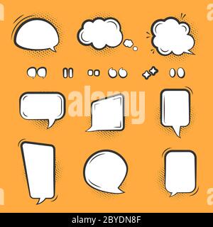 Comic-Sprechblasenset. Cartoon leere Textwolken mit Halbton-Punktschatten. Verschiedene Formen blank Pop Art Linie Doodle Blasen. Comics Nachrichtenfeld Vorlage. Isoliert auf orangefarbener Vektorgrafik Stock Vektor