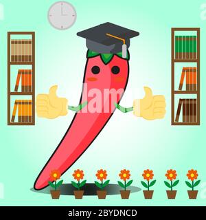 Nette mexikanische Chili Graduierung Cartoon Gesicht Charakter mit zwei Bücherregal und Blumen Bilddesign Stock Vektor