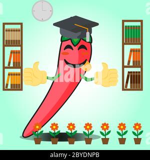 Nette mexikanische Chili Graduierung Cartoon Gesicht Charakter mit zwei Bücherregal und Blumen Bilddesign Stock Vektor