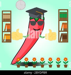 Nette mexikanische Chili Graduierung Cartoon Gesicht Charakter mit zwei Bücherregal und Blumen Bilddesign Stock Vektor