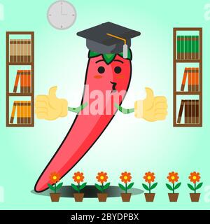 Nette mexikanische Chili Graduierung Cartoon Gesicht Charakter mit zwei Bücherregal und Blumen Bilddesign Stock Vektor