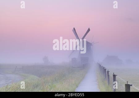 Charmante holländische Windmühle im Morgennebel Stockfoto