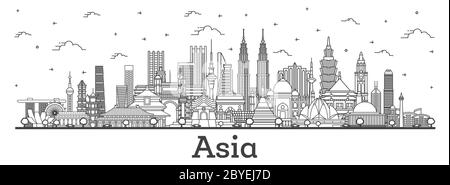 Asiatische Landschaft. Skizzieren Sie berühmte Wahrzeichen in Asien. Vektorgrafik. Business Travel und Tourism Konzept. Delhi. Peking. Jakarta. Mumbai. Stock Vektor