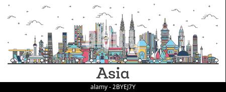 Asiatische Landschaft. Umriss Farbe berühmte Wahrzeichen in Asien. Vektorgrafik. Business Travel und Tourism Konzept. Delhi. Peking. Jakarta. Mumbai. Stock Vektor