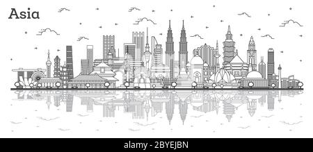 Asiatische Landschaft. Skizzieren Sie berühmte Wahrzeichen in Asien mit Reflections. Vektorgrafik. Business Travel und Tourism Konzept. Delhi. Peking. Jakarta. Stock Vektor