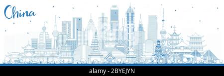 Skizzieren Sie die Skyline von China City mit blauen Gebäuden. Berühmte Wahrzeichen in China. Vektorgrafik. Stock Vektor