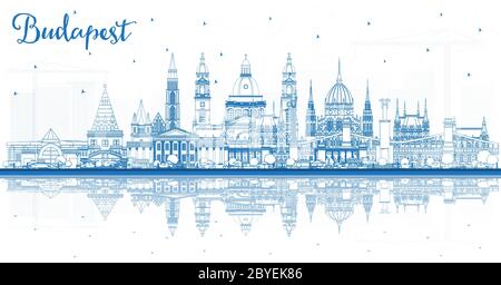 Skizzieren Sie Budapest Ungarn City Skyline mit blauen Gebäuden und Reflexionen. Vektorgrafik. Stock Vektor