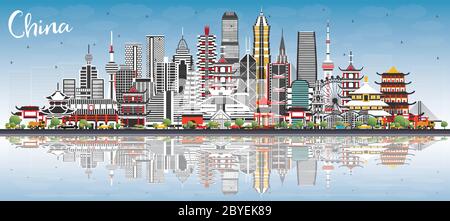 China City Skyline mit grauen Gebäuden, blauem Himmel und Reflections. Berühmte Wahrzeichen in China. Vektorgrafik. Stock Vektor