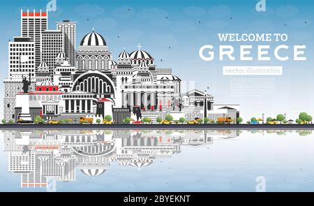 Willkommen in der Griechenland City Skyline mit grauen Gebäuden, blauem Himmel und Reflexionen. Vektorgrafik. Historische Architektur. Stock Vektor