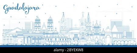 Umreißen Sie die Skyline von Guadalajara Mexiko-Stadt mit blauen Gebäuden. Vektorgrafik. Tourismuskonzept mit historischer und moderner Architektur. Guadalajara C. Stock Vektor