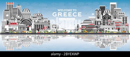 Willkommen in der Griechenland City Skyline mit grauen Gebäuden, blauem Himmel und Reflexionen. Vektorgrafik. Historische Architektur. Stock Vektor