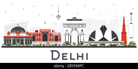 Delhi Indien-Stadt Skyline mit Farbe Gebäude isoliert auf weißem Hintergrund. Vektorgrafik. Stock Vektor