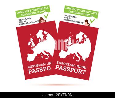 Europäische Union Pass mit einem Coronavirus Immunitätszertifikat. Vektorgrafik. Stock Vektor