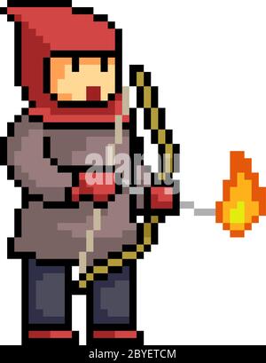 vektor Pixel Kunst Bogenschütze Feuer isoliert Cartoon Stock Vektor