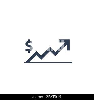 Symbol für Erhöhung des Dollarkurses. Geld-Symbol mit Stretching Pfeil nach oben. Steigende Preise. Geschäft Kosten Verkauf Symbol. Cash Gehaltserhöhung. Investitionswachstum Stock Vektor