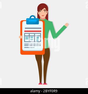 Weiblicher Holding-Geschäftsbericht für Bericht und Analyse-Konzept Vektor-Illustration Stock Vektor