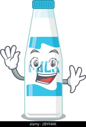 Eine charmante Flasche Milch Maskottchen Design-Stil lächelnd und winken Hand Stock Vektor