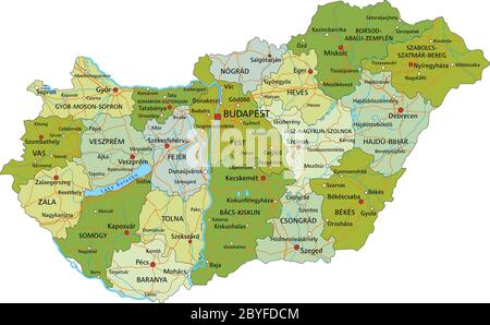 Sehr detaillierte editierbare politische Karte mit getrennten Ebenen. Ungarn. Stock Vektor