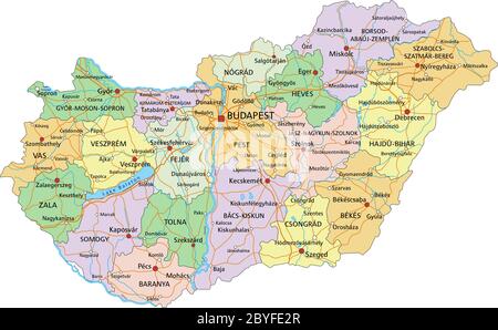 Ungarn - sehr detaillierte editierbare politische Karte mit Beschriftung. Stock Vektor