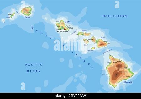 Detaillierte Hawaii-Karte mit Beschriftung. Stock Vektor