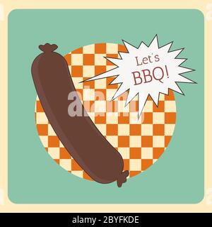 Grillwurst BBQ Banner. Grillsaison. Hot Dog Vektor. Poster im Retro-Stil zum Grillen. Sommer Picknick im Freien. Grill Fleisch Illustration. Grafik Stock Vektor