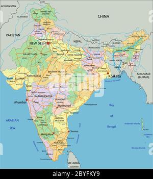 Indien - sehr detaillierte editierbare politische Karte mit Beschriftung. Stock Vektor