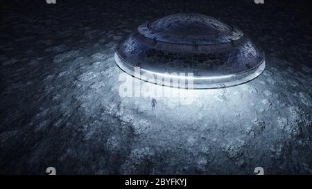 Fliegende Untertasse mit Alien auf dem Mond. UFO-Konzept. Realistische Metallshader. 3d-Rendering. Stockfoto