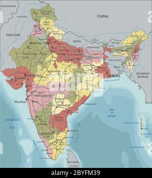 Indien - sehr detaillierte editierbare politische Karte mit Beschriftung. Stock Vektor