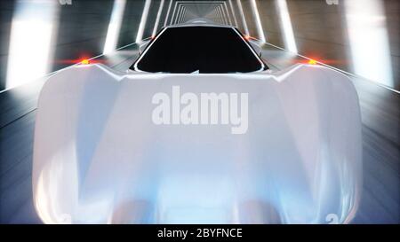 Futuristisch fliegende Auto schnell fahren in sci Fi Tunnel, Coridor. Zukunftskonzept. 3d-Rendering. Stockfoto