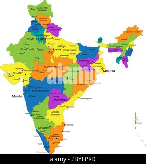 Bunte politische Landkarte Indiens mit klar gekennzeichneten, getrennten Schichten. Vektorgrafik. Stock Vektor