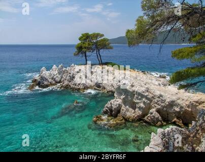 Bäume in Amarantos Felsen auf der Insel Skopelos an den Sporaden in Griechenland Stockfoto