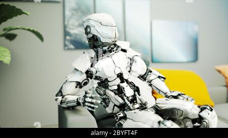Roboter sitzen auf dem Sofa. Entspannen Sie Sich. Zukunftskonzept. 3d-Rendering. Stockfoto