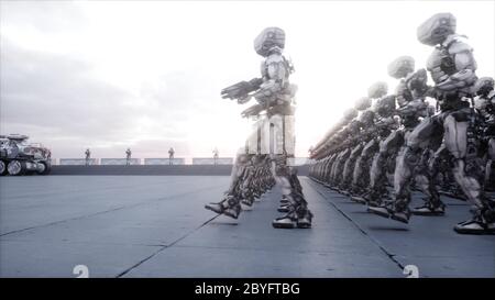 Invasion von militärischen Robotern. Dramatische Apokalypse super realistisch Konzept. Zukunft. 3d-Rendering. Stockfoto