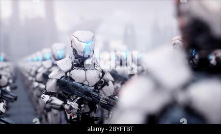 Invasion von militärischen Robotern. Dramatische Apokalypse super realistisch Konzept. Zukunft. 3d-Rendering. Stockfoto