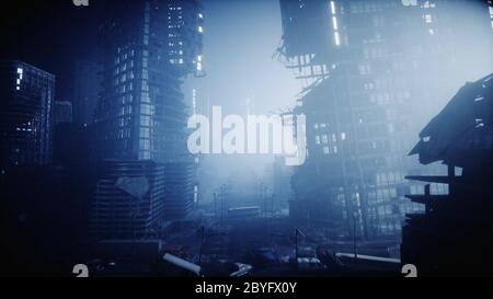 Apokalypse Stadt im Nebel. Luftaufnahme der zerstörten Stadt. Apokalypse-Konzept. 3d-Rendering. Stockfoto