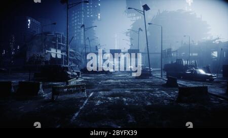 Apokalypse Stadt im Nebel. Luftaufnahme der zerstörten Stadt. Apokalypse-Konzept. 3d-Rendering. Stockfoto