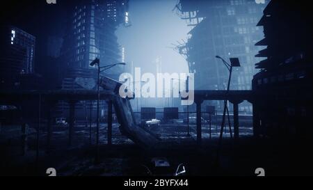 Apokalypse Stadt im Nebel. Luftaufnahme der zerstörten Stadt. Apokalypse-Konzept. 3d-Rendering. Stockfoto