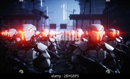 Walking militärische Roboter. Invasion von militärischen Robotern. Dramatische Apokalypse super realistisch Konzept. Zukunft. 3d-Rendering. Stockfoto