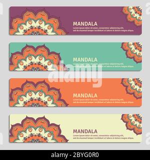 Bunte Set von dekorativen Bannern mit Mandala. Stock Vektor