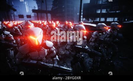 Walking militärische Roboter. Invasion von militärischen Robotern. Dramatische Apokalypse super realistisch Konzept. Zukunft. 3d-Rendering. Stockfoto