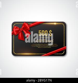 Geschenkkarten Design mit goldener Glitzer-Textur und roter Schleife. Einladung Dekorative Karte Vorlage, Gutschein-Design, Feiertagseinladung. Glühendes neues Jahr oder Stock Vektor