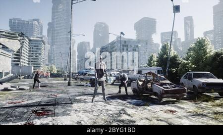 Schreckliche Zombie in zerstörten Stadt. Zombie-Apokalypse-Konzept. 3d-Rendering. Stockfoto