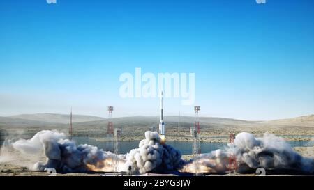 Raketenstartanimation. Tageslicht. Space Launch System. 3d-Rendering. Stockfoto