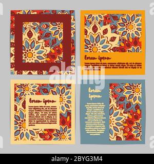 Set von quadratischen Karten mit Hand gezeichnetes Mandala. Stock Vektor