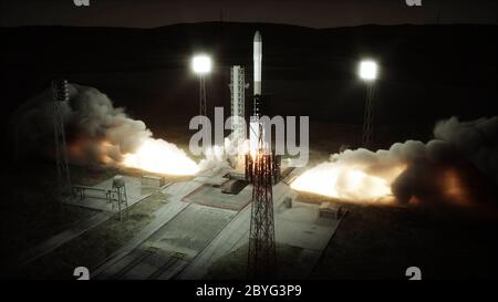 Raketenstartanimation. Tageslicht. Space Launch System. 3d-Rendering. Stockfoto